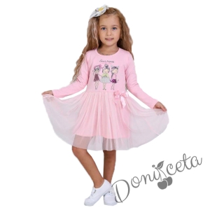 Детска рокля с дълъг ръкав с момиченца и тюл в розово
