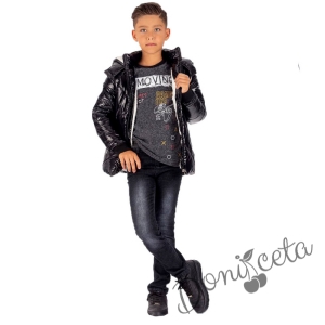 Комплект за момче от яке в черно, блуза в сиво и дънки в черно 776576