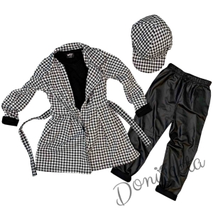 Комплект за момиче от блузка в черно, клин , шапка и манто пепит