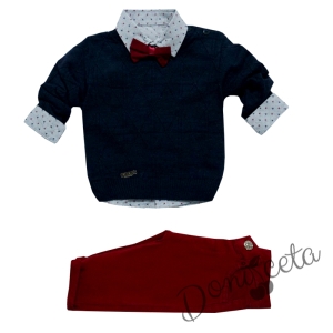 Комплект от риза в бяло, пуловер, панталон в червено и папийонка за момче