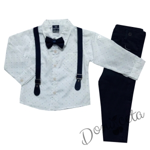 Комплект за момче от панталон в тъмносиньо, риза в бяло, тиранти и папионка