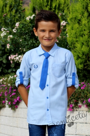  Детска риза с дълъг ръкав  в светлосиньо с вратовръзка 94643