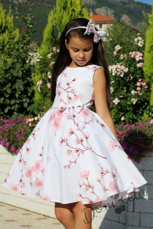 Официална детска рокля в бяло на цветя/орхидеи в пепел от рози тип клош Гери