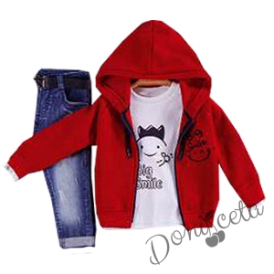  Комплект за момче от блуза с дълъг ръкав, горнище в червено в цип и дънки