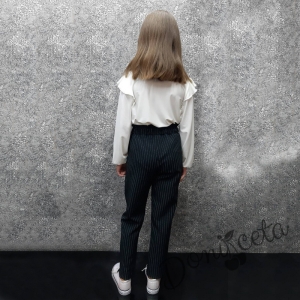 Елегантен детски панталон за момиче в черно с ленти в бяло и висока талия