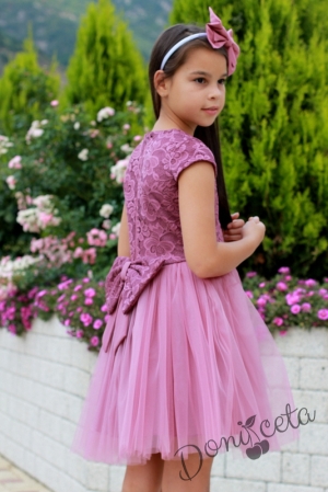 Детска официална рокля с къс ръкав с дантела в пепел от рози и тюл Мия
