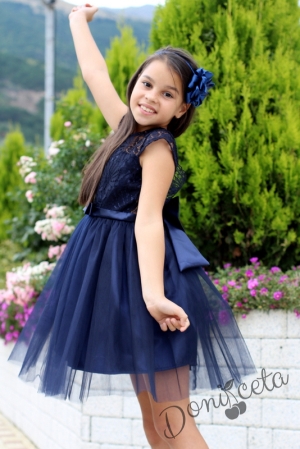 Детска официална рокля с къс ръкав в тъмносиньо от дантела и тюл