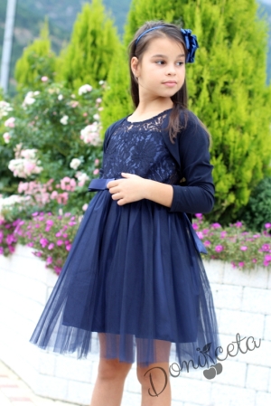 Официална детска рокля в тъмносиньо от дантела и тюл с болеро