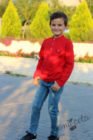 Детска блуза с дълъг ръкав за момче в червено с джобче
