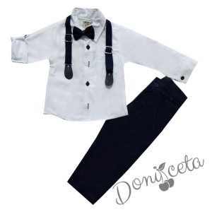 Комплект от панталон в тъмносиньо,риза в бяло с джоб,папионка и тиранти