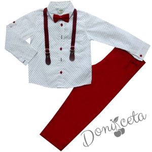 Комплект от панталон в червено,риза в бяло, тиранти и папийонка 