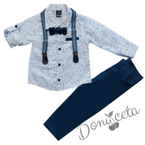 Комплект за момче от панталон в синьо, риза в светлосиньо, тиранти и папионка