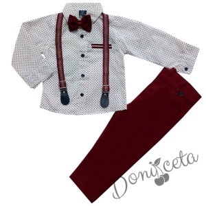 Комплект от панталон в бордо,риза в бяло, тиранти и папионка 