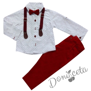 Комплект за момче от риза в бяло, панталон в червено, тиранти и папийонка