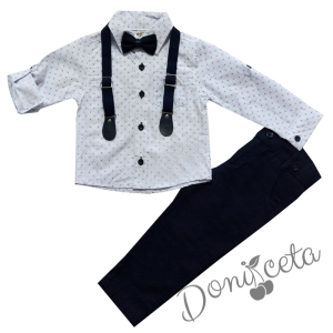 Комплект за момче от риза в бяло, панталон в тъмносиньо,тиранти и папионка