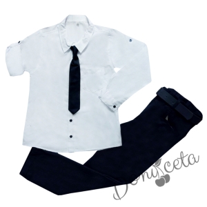 Комплект от панталон в тъмносиньо,риза в бяло с джоб и вратовръзка 