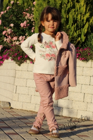 Детски комплект от манто, блуза в бяло с дълъг ръкав и панталон в пепел от рози