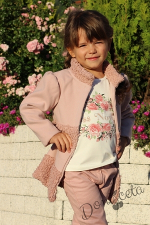 Детски комплект от манто, блуза в бяло с дълъг ръкав и панталон в пепел от рози