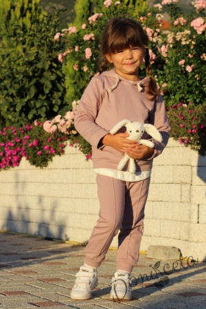 Детски ватиран комплект от суитшърт с качулка, зайче и панталон в пепел от рози