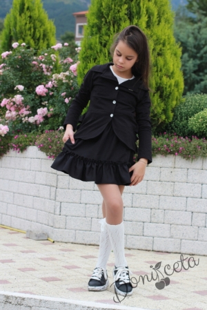 Комплект момиче от 3 части-риза в екрю, пола в черно с къдрички и сако в черно