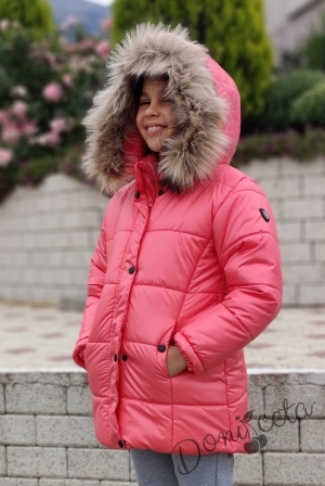 Winter  jacket in ruspberry colour with a hood