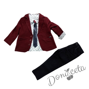 Елегантен костюм от панталон, риза, сако в бордо и вратовръзка