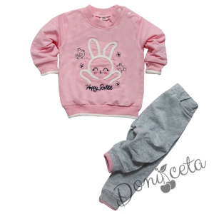 Детски комплект в розово и сиво със зайче