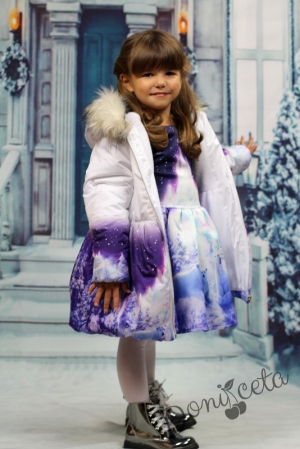 Комплект от детска  рокля  с дълъг ръкав с яке с кчаулка и зимна картинка