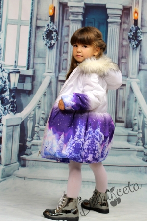 Комплект от детска рокля с шушлеково зимно яке с качулка с бели мечета