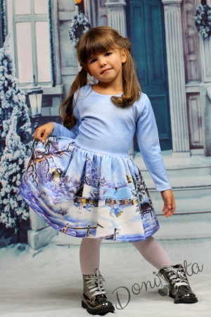 Детска рокля с дълъг ръкав в синьо със снежна картинка с къщички