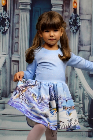 Детска рокля с дълъг ръкав в синьо със снежна картинка с къщички