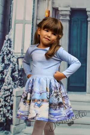 Комплект от детска рокля с шушлеково зимно яке с качулка със снежна картинка