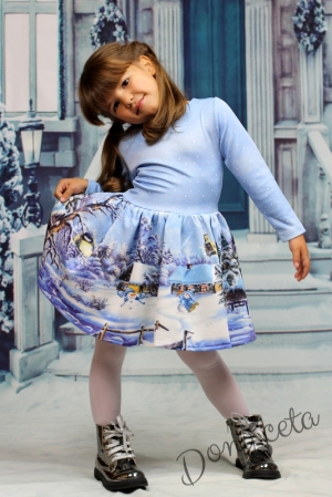 Комплект от детска рокля с шушлеково зимно яке с качулка със снежна картинка