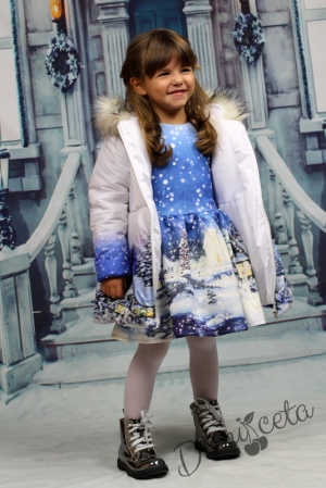 Комплект от шушлеково зимно яке с качулка и рокля със зимна картинка