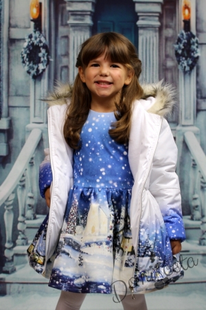 Комплект от шушлеково зимно яке с качулка и рокля със зимна картинка