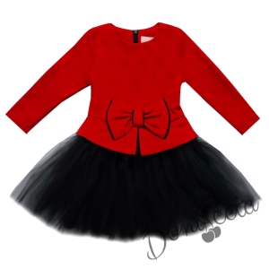 Официална детска/бебешка рокля в червено с черен тюл
