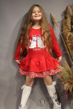 Детска рокля с дълъг ръкав в червено с котенца 756543