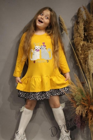 Детска рокля с дълъг ръкав в горчица с котенца 736576