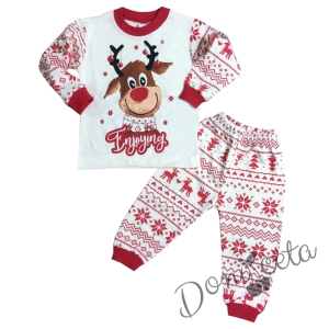 Детска коледна пижама в червено и бяло с еленче