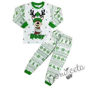 Коледна детска пижама в зелено и бяло с еленче 946545