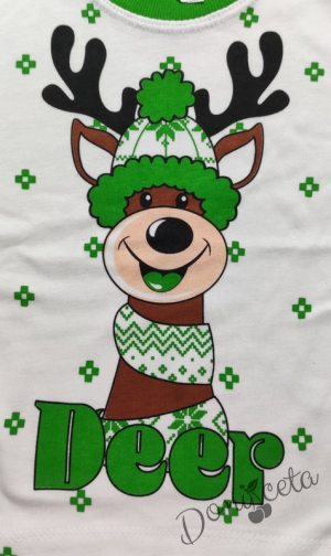 Коледна детска пижама в зелено и бяло с еленче 946545