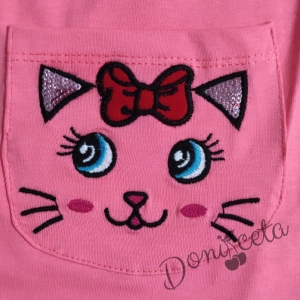 Детска рокля с дълъг ръкав в розово с джобове и котенца 756754