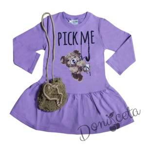 Детска рокля с дълъг ръкав в лилаво с мече и чантичка