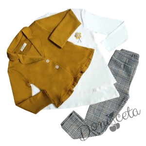 Детски комплект от блуза, сако в цвят горчица и кариран панталон за момиче