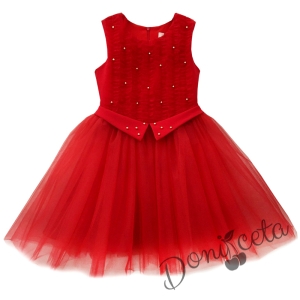 Официална детска рокля без ръкав в червено с перлички и тюл