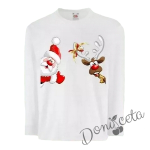 Персонализирана коледна блузка в бяло с Дядо Коледа и еленче 798783