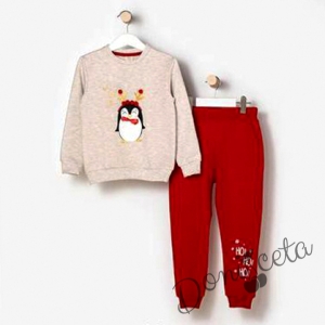 Коледен детски комплект от блузка в бежово с пингвин и панталонки 