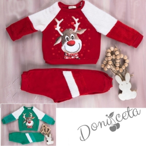 Коледен детски комплект от блузка в червено и бяло с елен