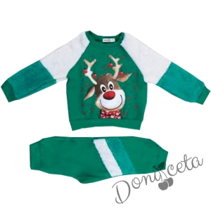 Коледен детски комплект от блузка в зелено и бяло с елен