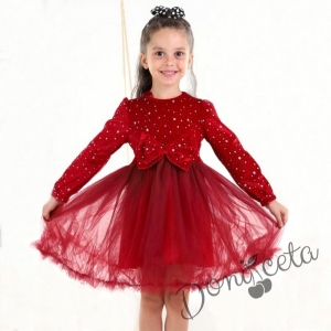 Детска рокля в червено с дълъг ръкав с блясък и тюл на звездички